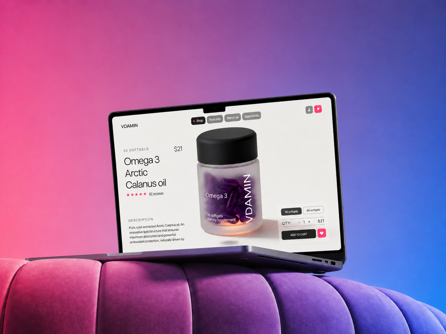 VDAMIN supplement product page — a web design by KOI AI Studio, shown on a laptop